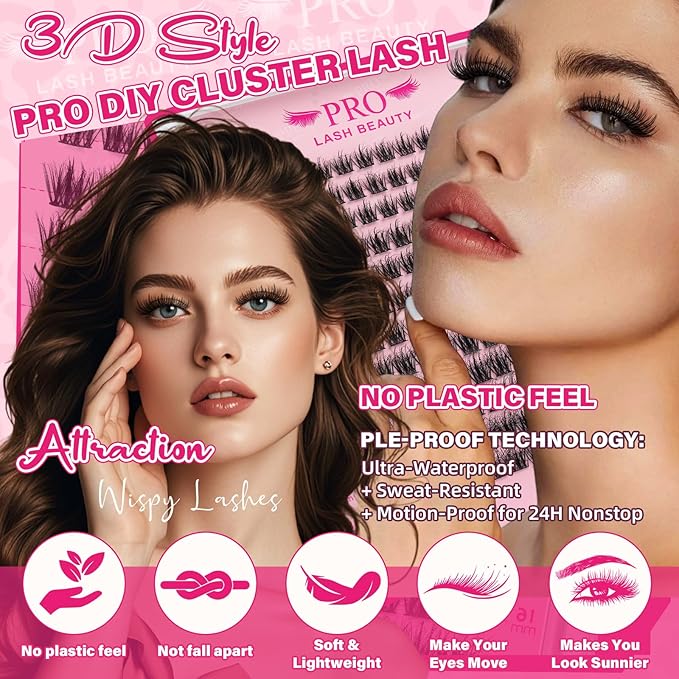 Lash Clusters Kit 3D Style Eyelash Clusters Kit with Lash Bond and Seal Eyelash Applictor Lash Remover for Beginner Waterproof Resuable Eyelash Extensions at Home (Attraction-3D,8-16mix)