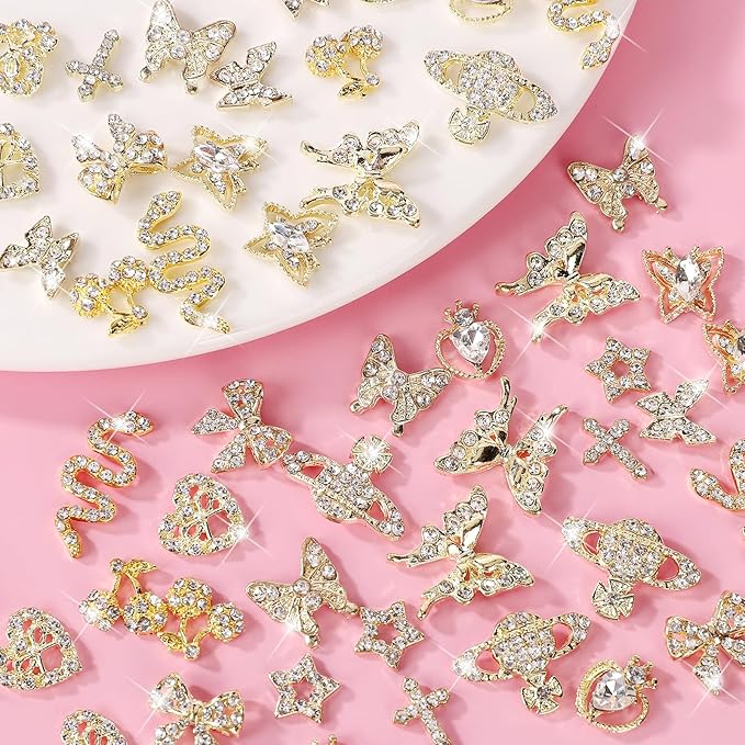 24PCS Nail Charms Y2k Alloy Nail Art Rhinestone Charms 3D Heart Bow Butterfly Charm with Rhinestones Cherry Nail Gems Shiny Jewelry Nail Decorations Accessories Supplies (SG)