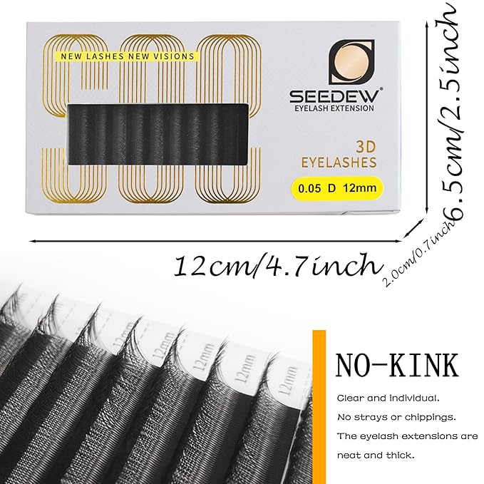 SEEDEW 3D-Double Tips Lash Extensions, 0.07mm D Curl 11mm 12 Rows/Tray, W Shape 3DD Flat Stem, PBT Natural False Eyelashes for Beginner Artist, Lash Tech, Beauty Salon(3DD-Matte Black-0.07-D-11mm)