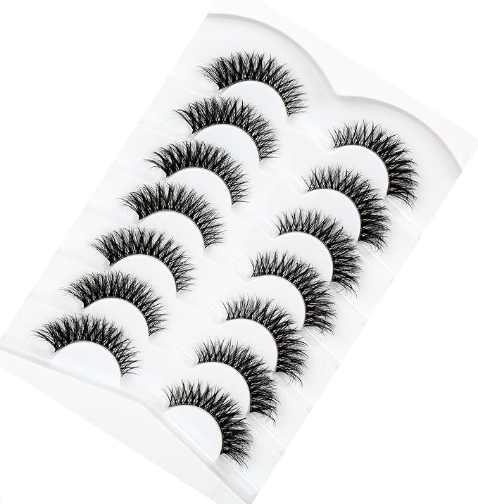 Pooplunch False Eyelashes Cat Eye Look Natural Volume Short Wispy Lash 8D Faux Mink Fake Eyelash Strips Lashes 7 Pairs Pack