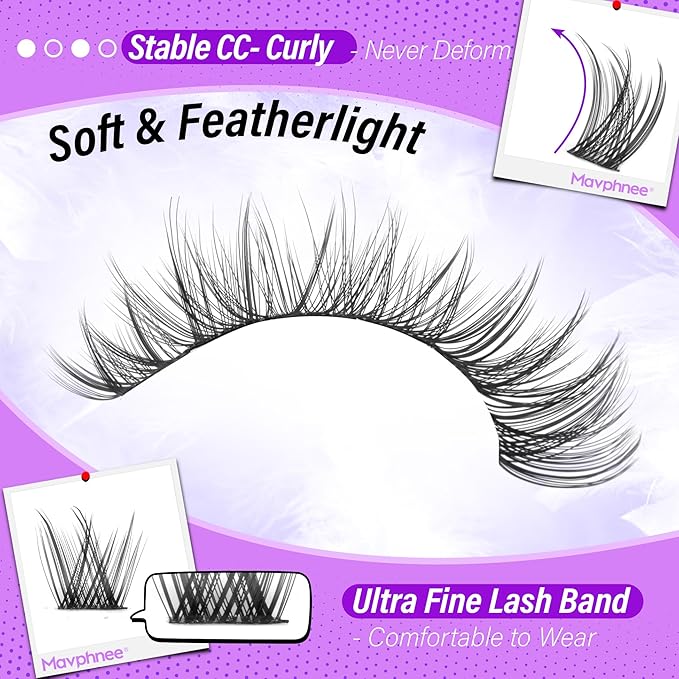 Wispy Lash Clusters Kit Natural Cluster Eyelash Extensions Kit DIY Lash Extensions Kit CC-Curly Clean Makeup 10-16MM Beginner-Friendly Lash Bond and Seal Kit 132Pcs