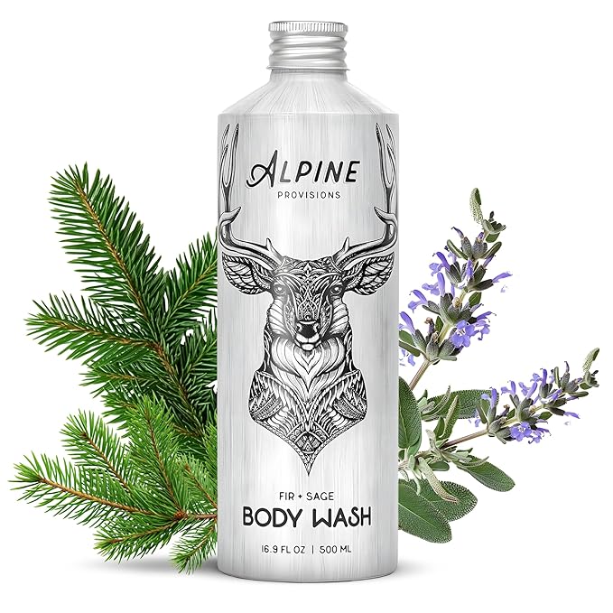 Alpine Provisions Natural & Organic Body Wash with Fir & Sage – Moisturizing Body Wash with Aloe Vera, Coconut Oil & Essential Oils – Vegan, Sulfate-Free, Plastic-Free – 16.9 fl oz