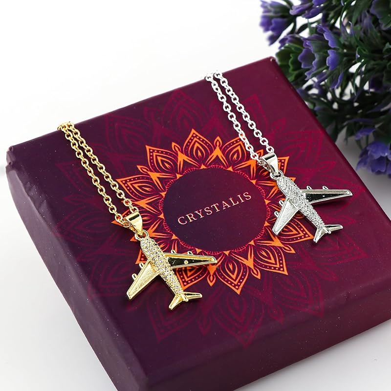 JOR Aeroplane Charm with CZ Pendant Necklace, Travel Lover Charm, Men & Women Unisex Jewelry, Dainty Gold & Silver Plated Combo Chain 18 inch (Pack of 2)