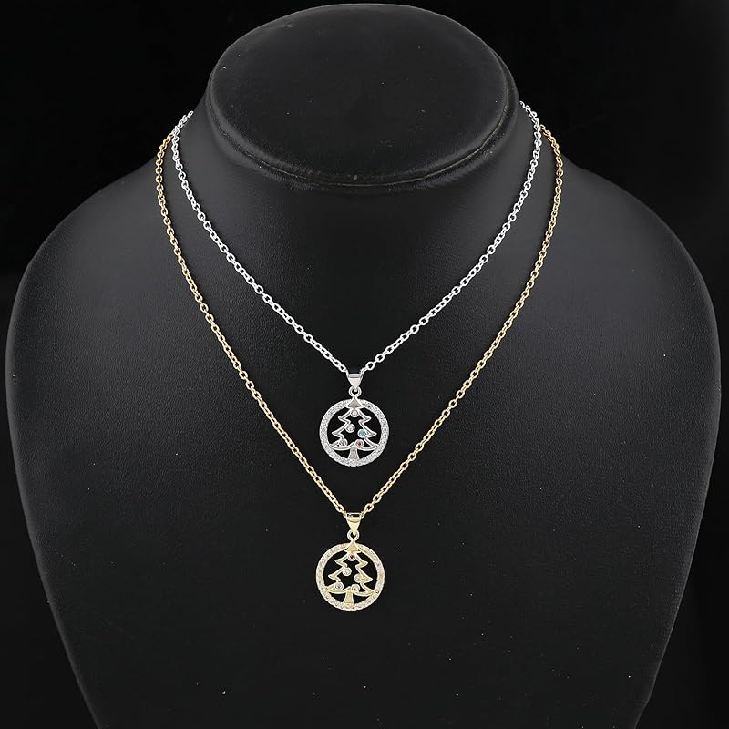 JOR Xmas Tree Charm Pendant Necklace, Women Jewelry, Dainty Gold & Silver Plated Combo Chain 18 inch (Pack of 2)