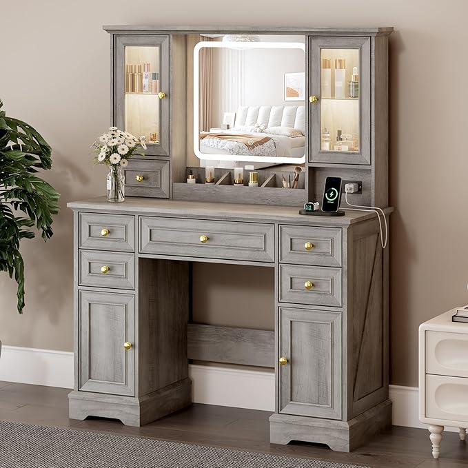 Vanity Desk with Mirror & Lights, Makeup Vanity with Power Outlet & USB Ports, Farmhouse Dressing Table, 6 Drawers & 4 Storage Cabinets, RGB Cabinet Lighting, 3-Color Dimmable Mirror