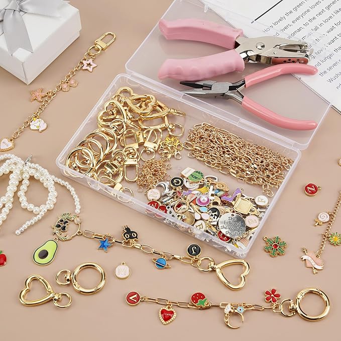 BQMEZRNUS 333Pcs Keychain Making Kit with Charms, DIY Lip Gloss & Bag Charm Supplies Includes Keychain Clips, Jump Rings, Lobster Clasps, Extender Chains & Pliers for Custom Jewelry Gifts and Crafts