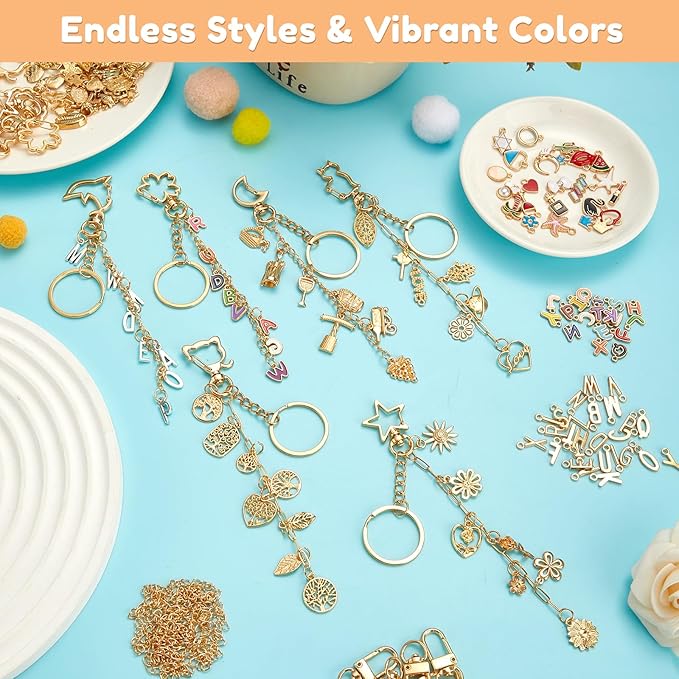 564Pcs DIY Keychain Making Kit with 258 Charms, Including 24 Keychain Clips Hooks 30 Extender Chain 200 Jump Ring Jewelry Plier Jewelry Making Supplies for Custom Key Ring Set Christmas Crafts Gifts