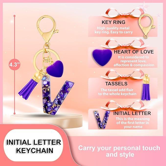 Initial Keychains for Women with Cute Heart Resin - Alphabet Letter Keychain for Bag, Backpacks, Purse or Car key