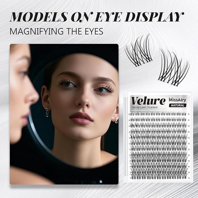Velure Lash Clusters Eyelash Extensions Natural Lashes Individual Lash Clusters 8-16MM Eyelash Clusters Natural with Invisible Band Venus D Curly Individual Lashes by MissAiry(Velure 8-16MM)