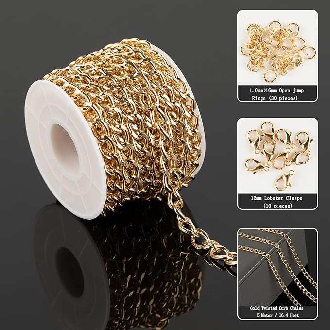 16.4 Feet Twisted Curb Chain Links Gold Plated Aluminum Bracelet Necklace Chain Bulk for DIY Craft Jewelry Making with Lobster Clasps and Jump Rings