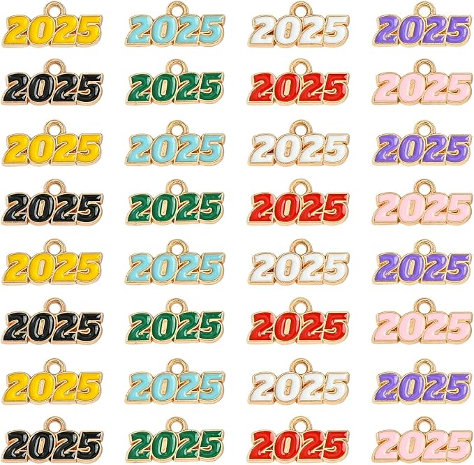 Stiesy 80 Pcs 8 Colors Colorful Enamel 2025 Year CharmsNumber 2025 Letter Graduation Tassels Dangle Charms Bulk for Jewelry Making Crafts DIY Bracelets Necklace Presents