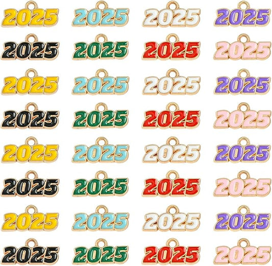 Stiesy 80 Pcs 8 Colors Colorful Enamel 2025 Year CharmsNumber 2025 Letter Graduation Tassels Dangle Charms Bulk for Jewelry Making Crafts DIY Bracelets Necklace Presents