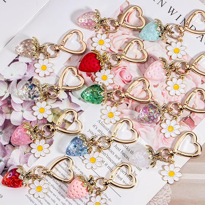 Wikavanli Cute Strawberry Keychain,Bag Charms,Kawaii Heart Flower Daisy Key chains Accessories Decor for Women Girls Purse