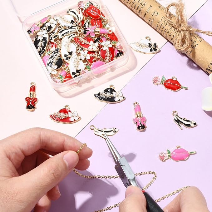 Stiesy 45 Pcs Lady Theme Alloy Enamel Charms Lip Hat High-heeled Shoes Lipstick Shape Dangle Charms Pendant for DIY Jewelry Making Necklace Bracelet keychain Crafts