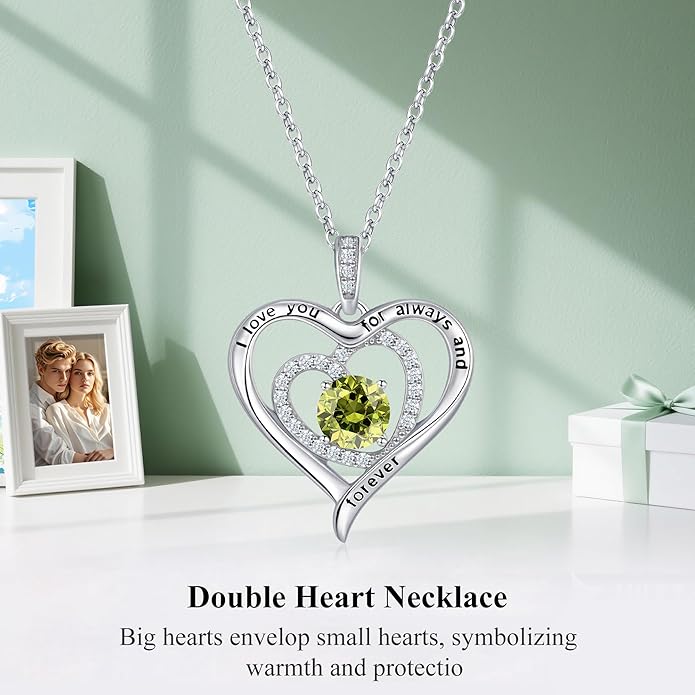 S925 Sterling Silver Necklace for Women, Valentines Day Gifts for Her, Love Heart Birthstone Necklaces for Women, Wife Jewelry, Mom Birthday Valentines Mothers Day Gifts, Girlfriend Necklaces, Daughter Heart Jewel, Anniversary for Her
