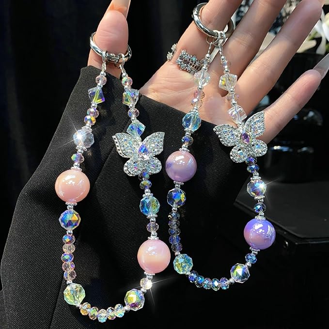 Crystal Butterfly Phone Charm, Pink Pearl Beaded Lanyard, Bling Shiny Wrist Strap Keychain for Purse Bags Car keys Earphones