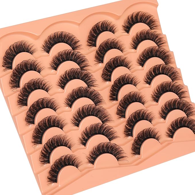 JIMIRE False Eyelashes 14 Pairs Full Faux Mink Lashes Fluffy D Curl Strip Lashes Look Like Eyelash Extensions 15MM Wispy Eyelashes Natural Fake Lashes Pack