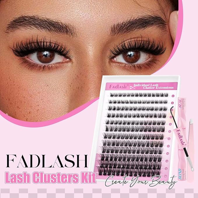 FADLASH Lash Clusters Kit DIY Lash Extension Kit D Curl 0.07 Natural Eyelash Extension Clusters Wispy Lash Clusters with Lash Bond and Seal Lash Tweezer for Self Application(F34-0.07D, 8-16mm Kit)