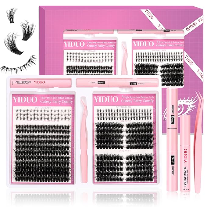 YIDUO Lashes Clusters Kit Gift Packs D Curl Cat-Eye Wispy Individual Faux Mink Fake Eyelashes, Volume Studio Effect, 498Pcs DIY False Eyelash Extensions with Bottom Lashes|Glue|Removers|Tweezers