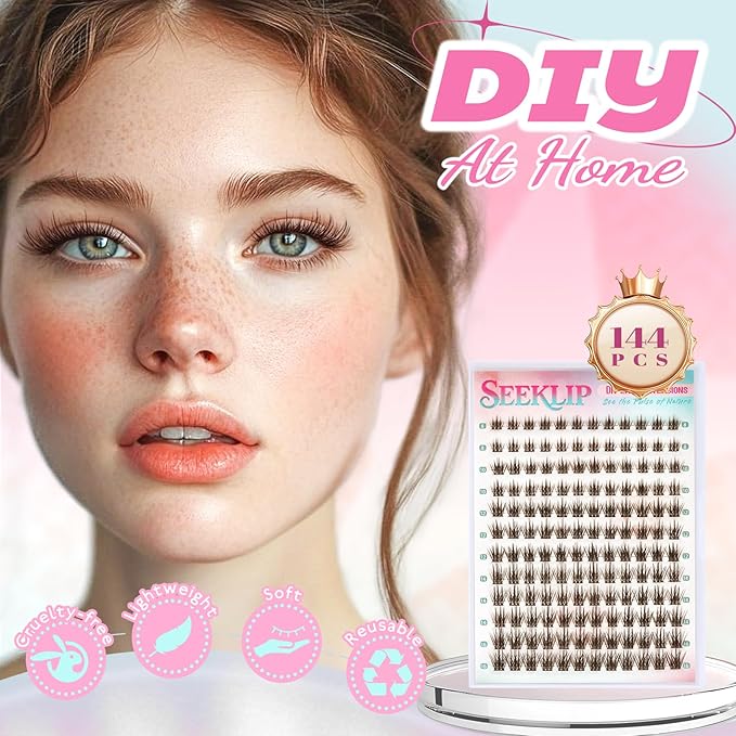 Lash Clusters Spiky Brown Manga Lash Clusters Looks Like Eyelash Extensions 144Pcs 8-16MM C Curl Dark Brown Doll Anime Cluser Lashes Thin Band Soft Doe Eyed Individual Lashes (Lavender-Brown)