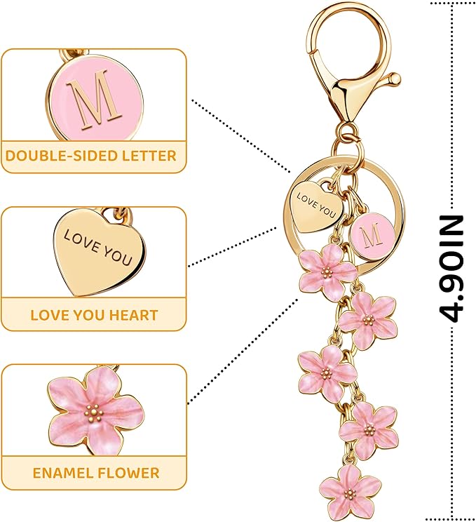 Suweibuke Cute Initial Letter Keychain with Love You Heart, Enamel Flower Charm for Key Handbag Backpack - Women Girls Gifts