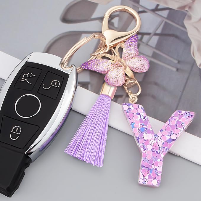 Initial letter Keychains for Women Girls Tassel Butterfly Cute Keychain for Wallet Backpack charm