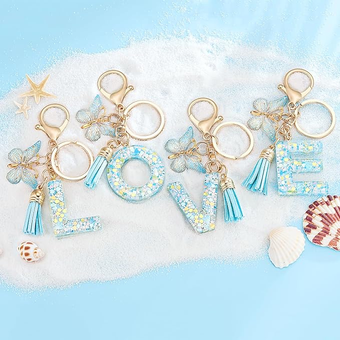 Fashion Alphabet Initial Letter Keychain Tassel Butterfly Pendant Key Ring for Purse Handbags Women Girl
