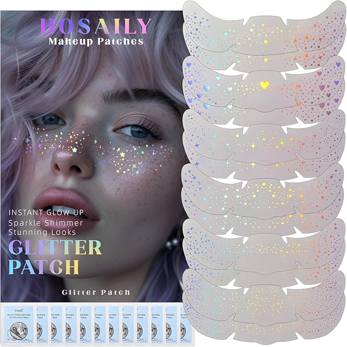 HOSAILY 12 pcs Holographic Multichrome Glitter Freckles Face Tattoo, Waterproof Sparkle Face Glitter Speckles Patches for Women, Cute Star Glitter Temporary Tattoo Makeup Accessories for Festival Rave