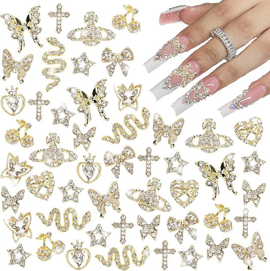 24PCS Nail Charms Y2k Alloy Nail Art Rhinestone Charms 3D Heart Bow Butterfly Charm with Rhinestones Cherry Nail Gems Shiny Jewelry Nail Decorations Accessories Supplies (SG)