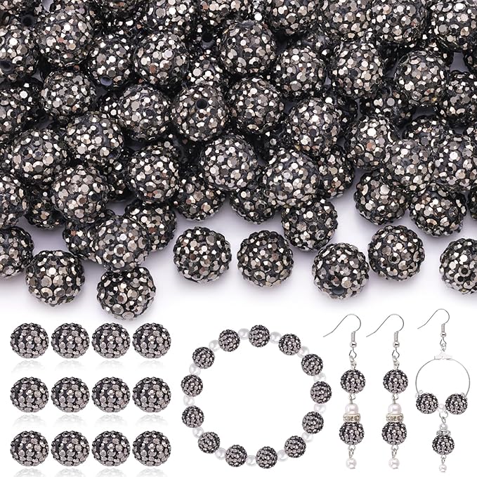 120pcs 10mm Rhinestone Beads for Jewelry Making, Hematite Shiny Round Shamballa Disco Ball Beads Bulk, Sparkle Crystal Clay Christmas for Bracelet Baseball Necklace Earring Crafting and DIY