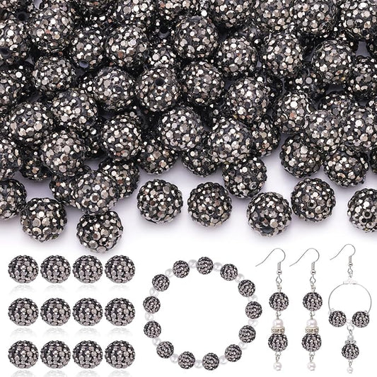 120pcs 10mm Rhinestone Beads for Jewelry Making, Hematite Shiny Round Shamballa Disco Ball Beads Bulk, Sparkle Crystal Clay Christmas for Bracelet Baseball Necklace Earring Crafting and DIY