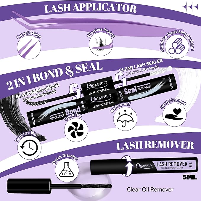 QUAFFLY Lash Clusters Kit Multiple Styles Mixed Length Eyelash Set Includes 2 Lash Bond and Seal & 2 Lash Remover 1 Tweezers For DIY Lash Extensions Kit At Home