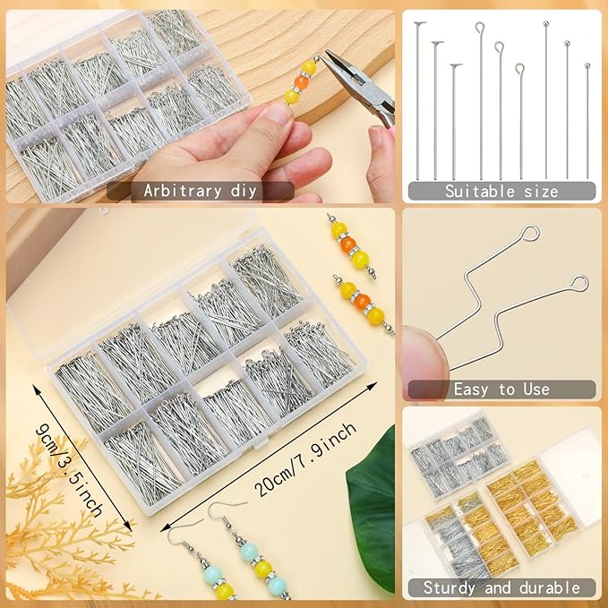 SONGIN 1085pcs Eye Pins and Flat Head Pins for Jewelry Making, Metal Eyepins, Headpins & Ball Head Pins for DIY Earrings, Necklaces, Bracelets, Pendants Jewelry Supplies(Silver)