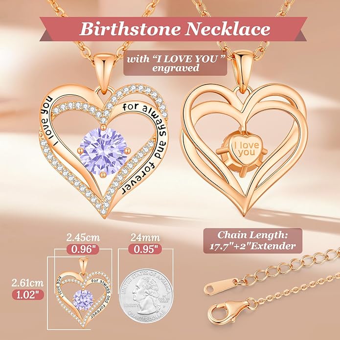 CDE Forever Love Heart Necklaces for Women, Wedding Anniversary, Birthday Mothers Day Christmas Day Gifts for Mom, Mother, Wife, friend, S925 Silver Jewelry with Birthstone Pendant