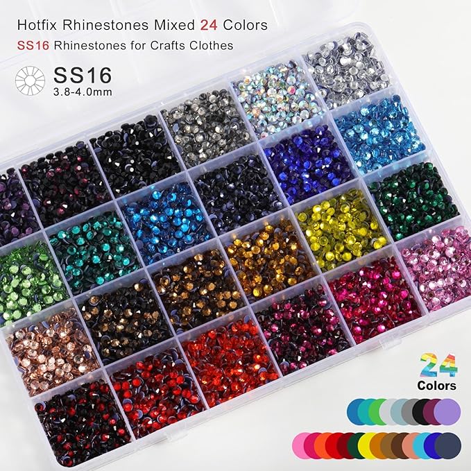 BEADSLAND Hotfix Rhinestones Mixed 24 Colors, SS16 Rhinestones for Crafts Clothes, Hotfix Crystals with 1 Tweezers, 1 Wax Pencil and 1 Spoon