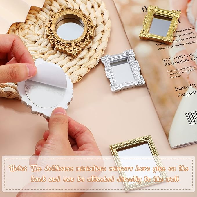 Skylety 10 Pieces Miniature Dollhouse Mirror European Frame Mirror Victorian Baroque Wall Decor Miniature Bedroom Mini Furniture Accessory for 1/12 Dollhouse Decor, Gold and Silver
