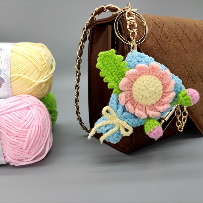 Women Handmade crochet Cute Plush Flower Keychain Gift Handbag, Purse, Backpack,Bag Charms, kawaii keychain