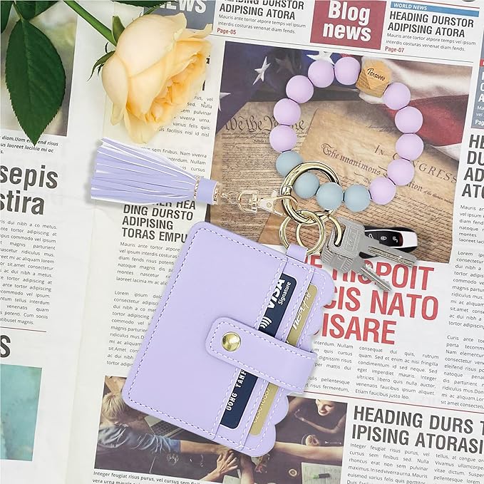 Keychain Wallet Wristlet Small Credit Card Holder Bracelet Key Chain Purse Bangle Tassel Beads Key Rings for Women