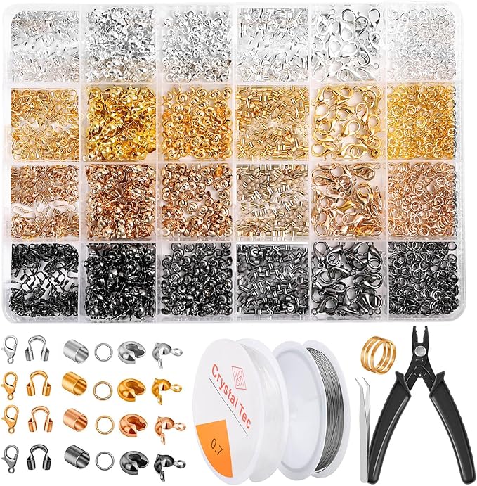 Acejoz 2160 Pieces Crimp Beads Kit for Jewelry Making, Knot Covers, Crimp Bead Covers, Crimp Tubes, Jump Rings and Wire Guardians with Crimping Pliers, Elastic String for Bracelets Necklaces Making
