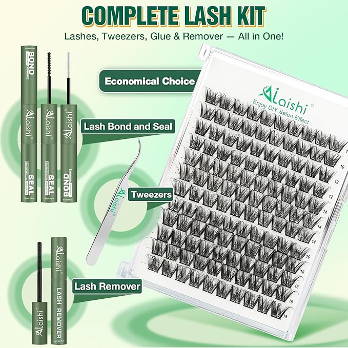 Lash Clusters Kit, DIY 3D Cluster Eyelash Extensions 10‑18mm,120pcs Fluffy D Curl Soft Natural Lashes with Bond and Seal,Remover,Tweezers, –Natural Fake Cat Eye Wispy Individual Clusters（DF2MIX1-4）