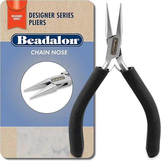 Beadalon Designer Series Chain Nose Pliers, Black Vinyl-Free Grips, Stainless Steel, Box Joint, Double Leaf Springs, 4.75 in