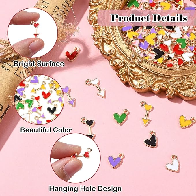 Stiesy 60 Pcs 12 Styles Romantic Enamel Heart & Arrow Charms Alloy Golden Dangle Pendants Charms Bulk For Women Jewelry Making Earrings Necklace Bracelets DIY Crafts Supplies