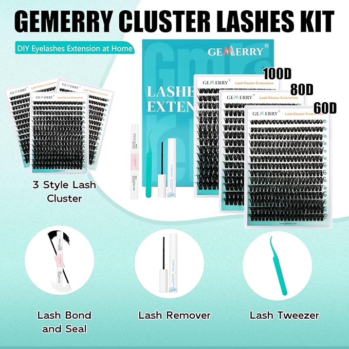 GEMERRY Lashes Clusters Kit Thick Lash Clusters 3 Styles 840Pcs Fluffy Lash Clusters Kit with Waterproof Bond and Seal Remover Tweezers for Beginners