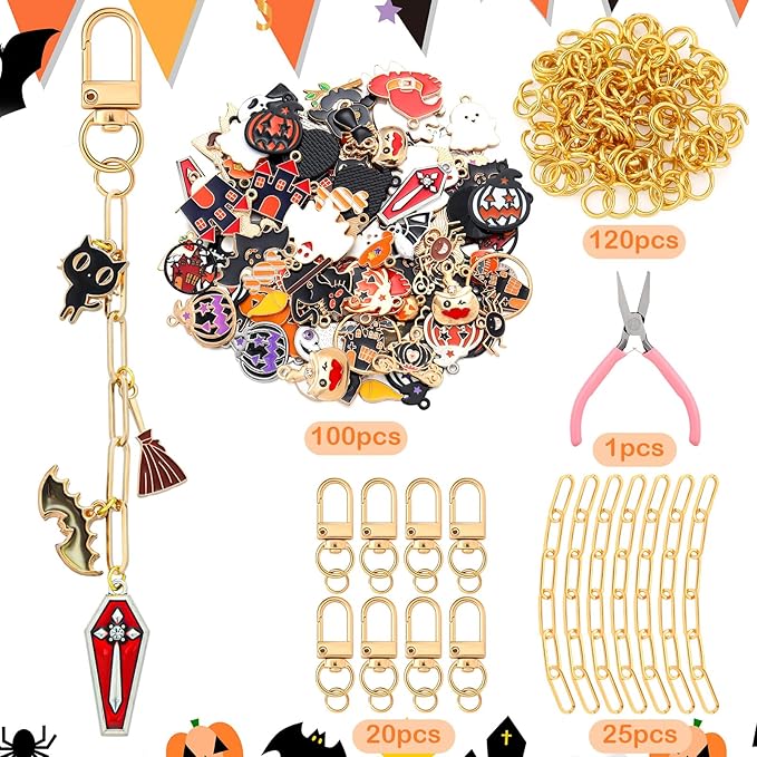 Tondiamo 266 Pieces Halloween DIY Gold Keychain Making Kit Bat Witch Hat Bag Charm Jewelry Making Pumpkin Ornaments Bulk for Key Ring Art Adults Women Bag Gift