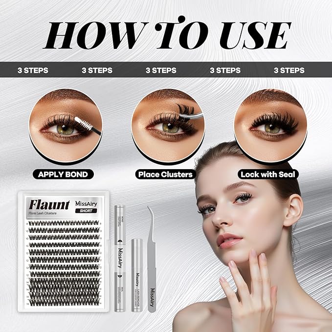 Flaunt Lash Clusters Kit Flora Short 8-14mm Light-Volume Wispy Eyelash Clusters D Curl DIY Eyelash Extension Kit Spiky Cat Eye Individual Lash Eyelash Clusters with 0.05mm Ultra-Thin Black Band