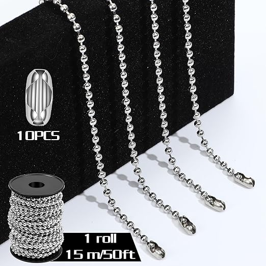 50 Feet Stainless Steel Ball Bead Chain #10/4.5mm Beaded Chain with Spool & 10pcs Matching Connectors Ball Chain for Roller Shades, Dog Tag, Bracelets, Necklace, Keychain, Jewelry & DIY Crafts