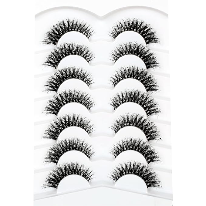 Pooplunch False Eyelashes Cat Eye Look Natural Volume Short Wispy Lash 8D Faux Mink Fake Eyelash Strips Lashes 7 Pairs Pack