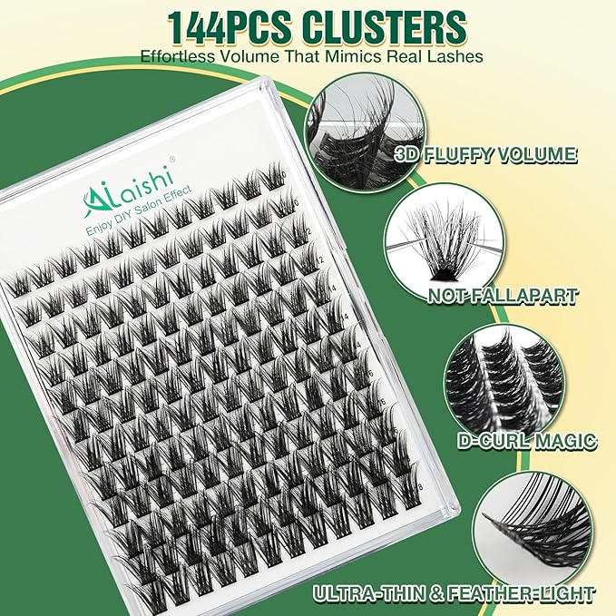 AILAISHI Lash Clusters Kit, DIY 3D Cluster Eyelash Extensions 10‑18mm,144pcs Fluffy D Curl Soft Natural Lashes with Bond and Seal,Remover,Tweezers–Fake Cat Eye Wispy Individual Clusters MIX1-3-L