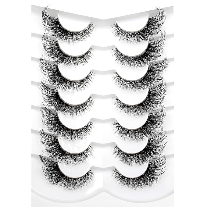 Pooplunch False Eyelashes Foxy Cat Eye Look Natural Lashes Wispy Short Extension Fluffy Volume Clear Band Faux Mink Fake Eyelash Strips 7 Pairs Pack