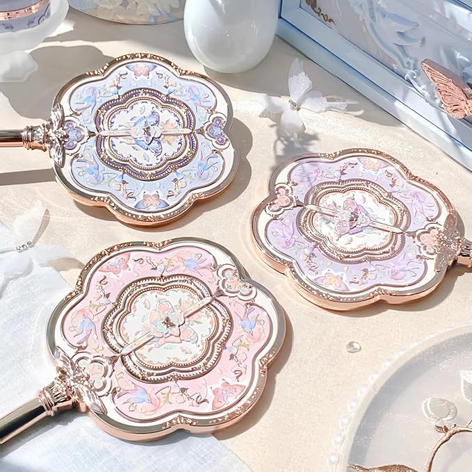 Flower Knows Butterfly Cloud Collar Hand Mirror,Vintage Chinese Round Fan Design,Fancy & Pretty Princess Handheld Mirror with Long Handle,Gift for Girls & Women(Lotus Pink)